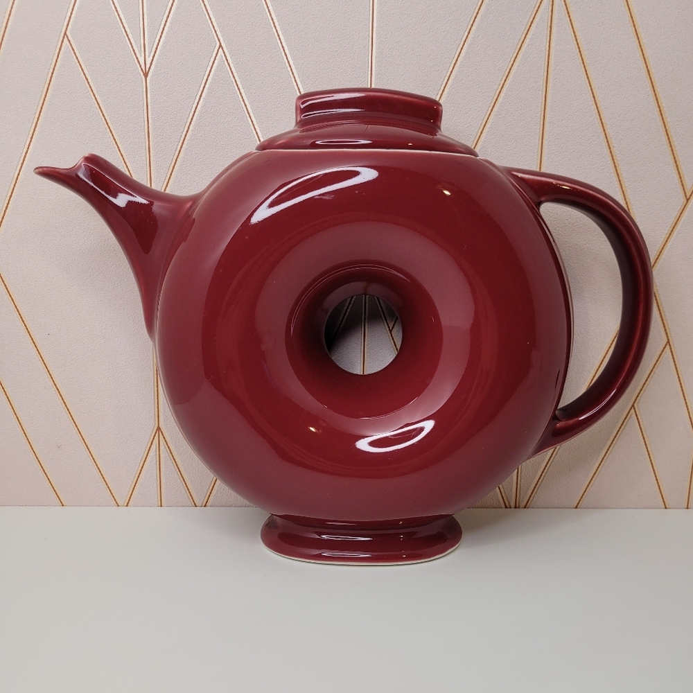 Vintage 1940s Hall China Donut Teapot - Maroon Red- Art Deco Novelty Teapot